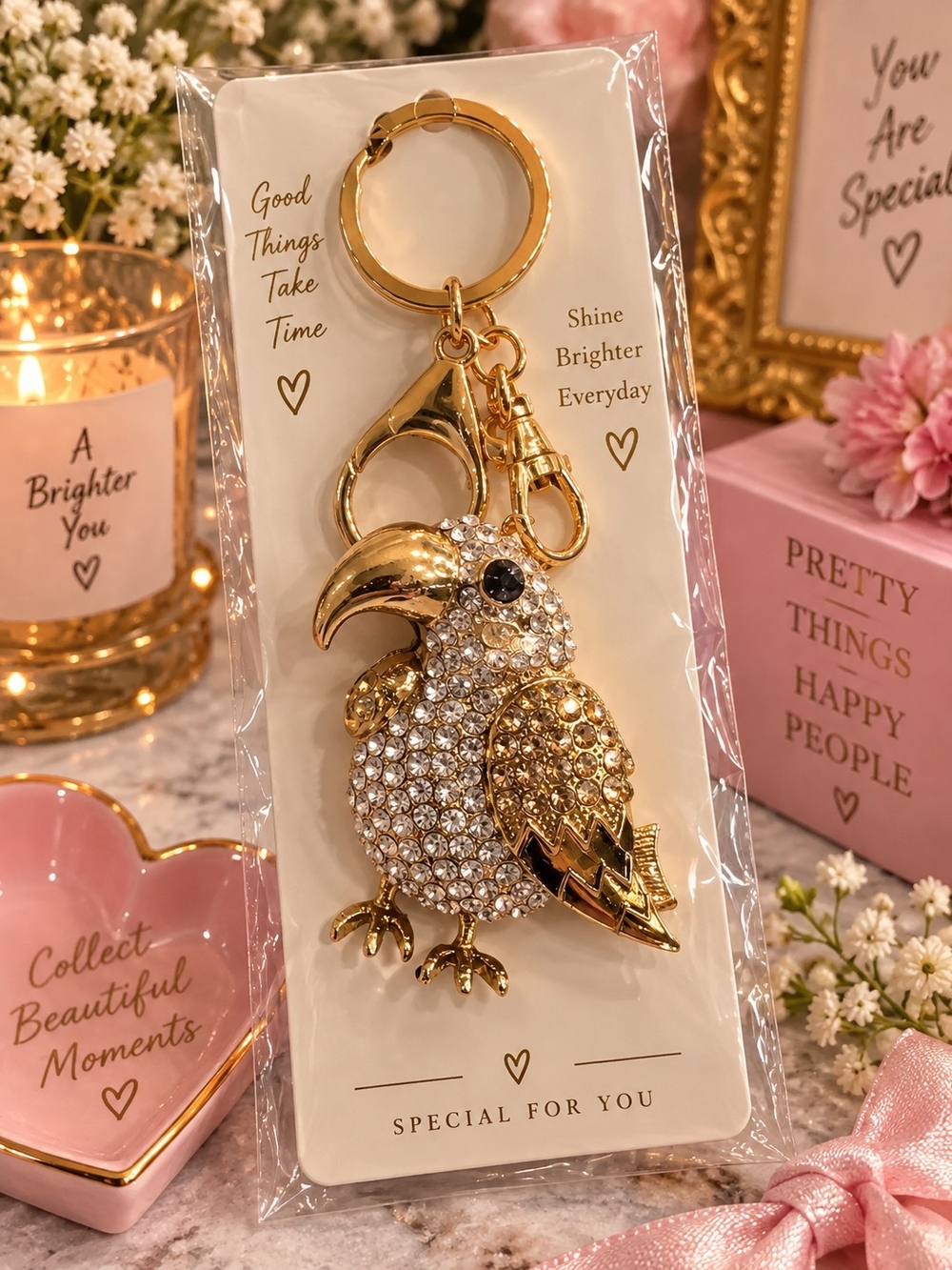 Gold Crystal Parrot Keychain - Sparkling Bird Key Ring